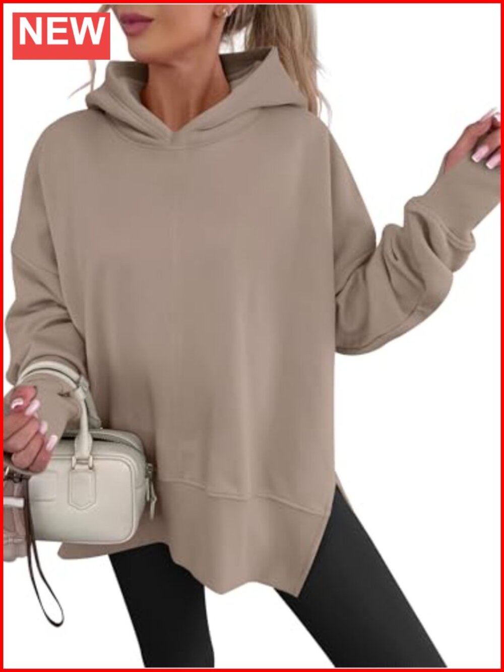 Oversized Pullover Hoodie with Thumbhole Cuff Side Slit